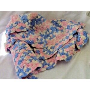 Hand Crocheted Pink, White & Blue Baby Blanket 28" x 28"